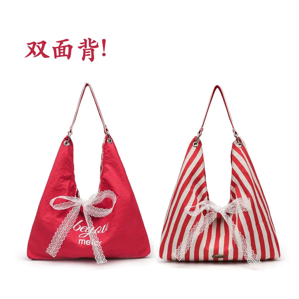2026 novo estilo dupla face listrado lona vermelho saco feminino verão na moda impresso bolsa de ombro estudante classe