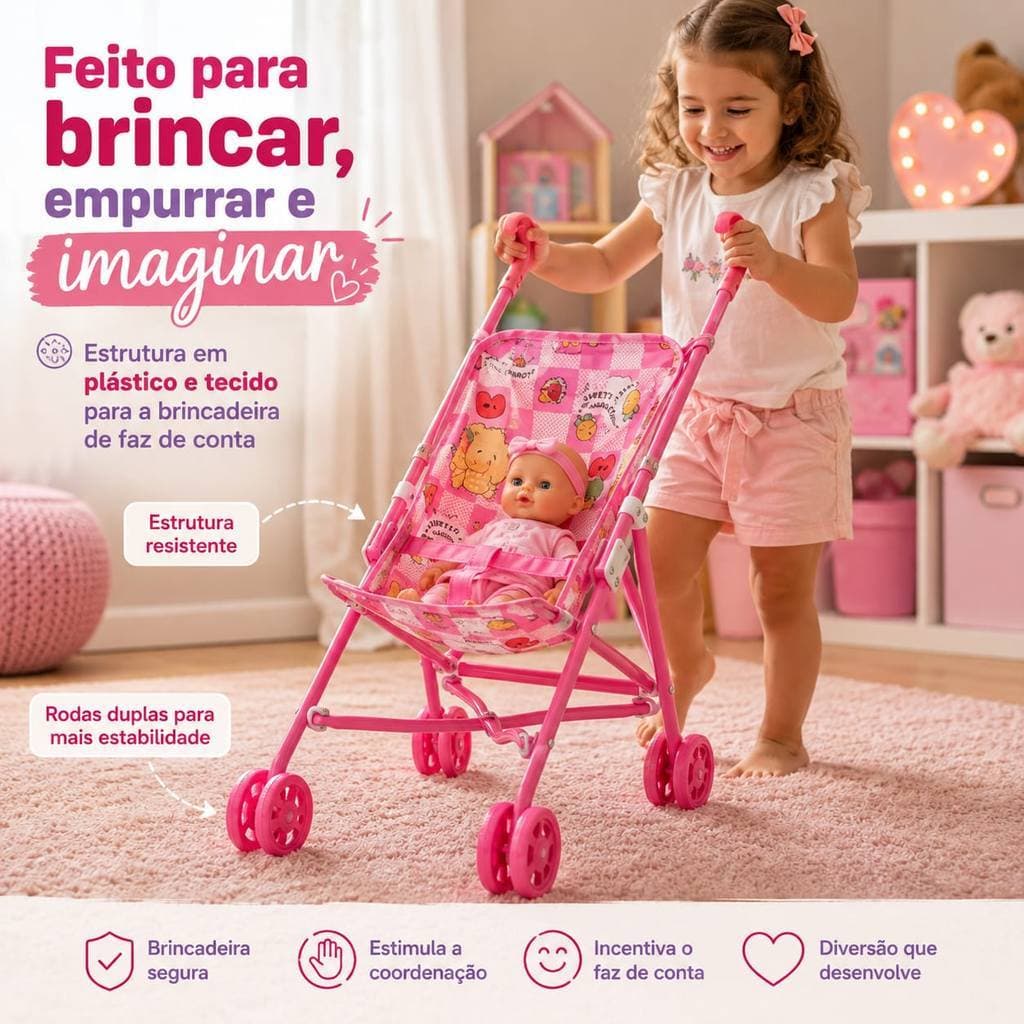 Carrinho De Boneca Dobrável Rosa Bebê Reborn Passeio Menina Brinquedo