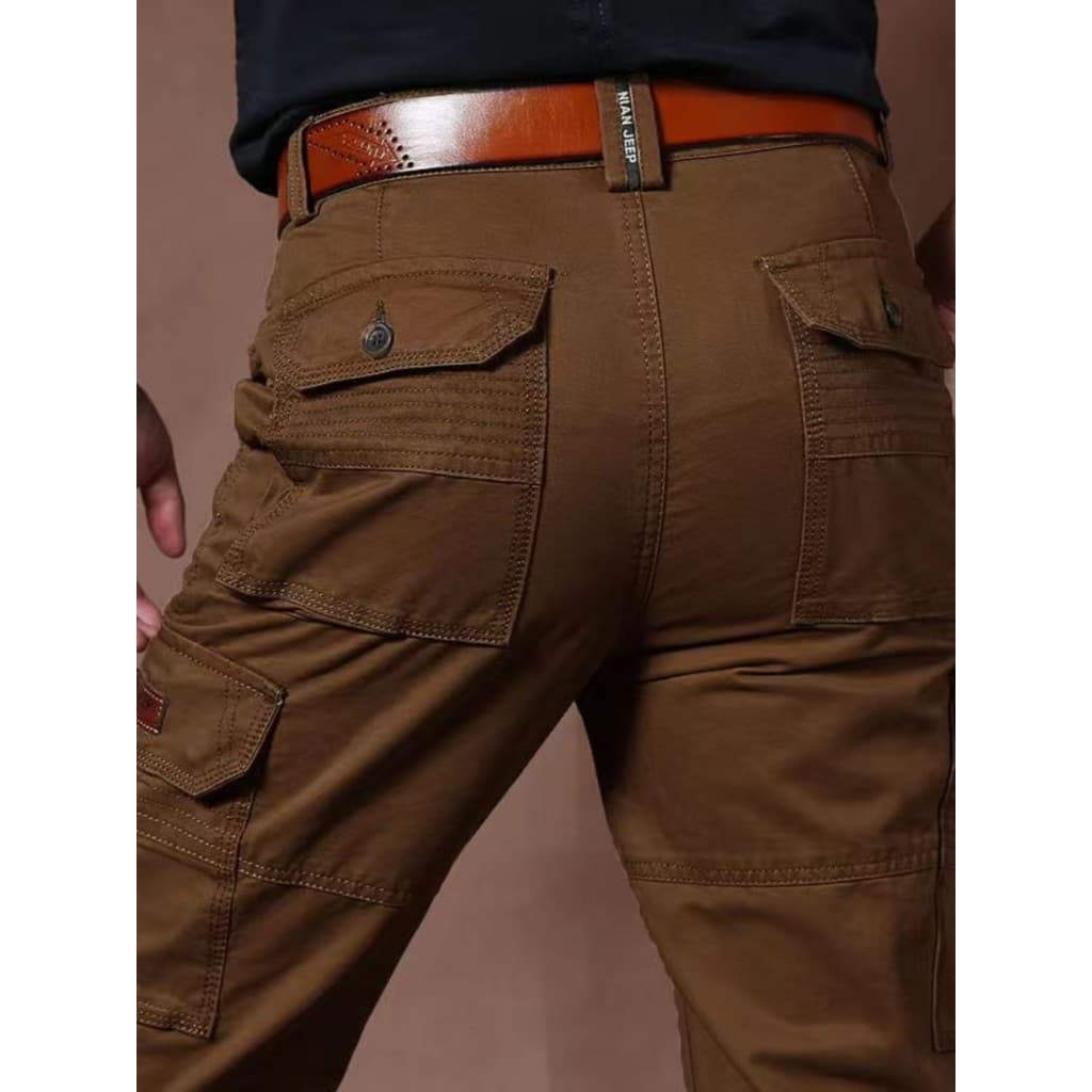 Outono inverno calças masculinas de algodão puro Multi-bolso macacão calças soltas tamanho grande calças retas pai cintu