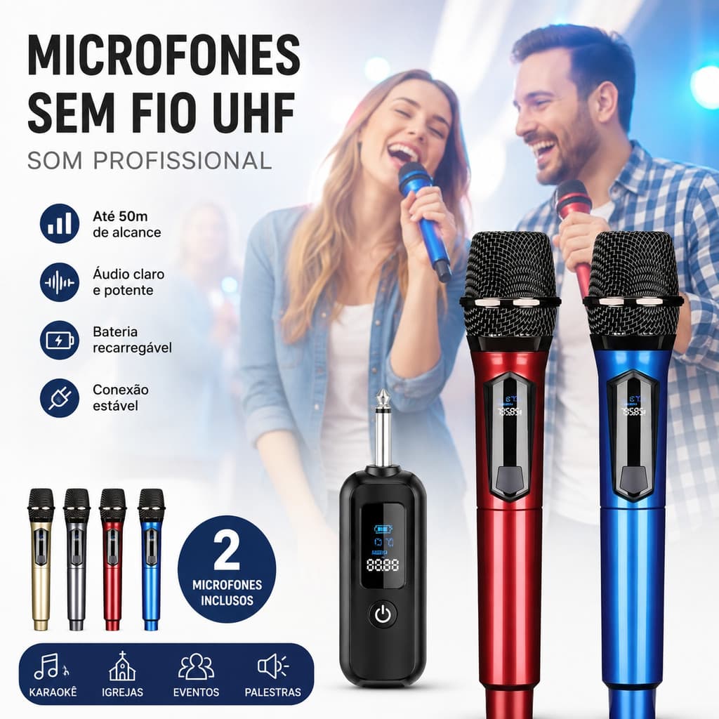 🎤 Microfones Sem Fio UHF 2 Microfones Karaokê P10 Recarregável 50m