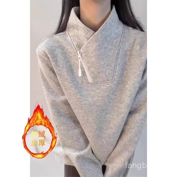 Novo estilo americano Diagonal zíper forro de lã moletom masculino feminino outono inverno gola alta manga comprida t @