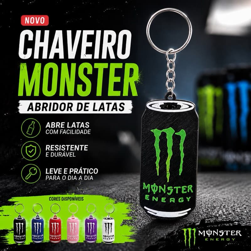 Chaveiro Abridor de Lata Monster | Energético Monster | Abridor de lata Resistente 3D  Presente Lembrancinha