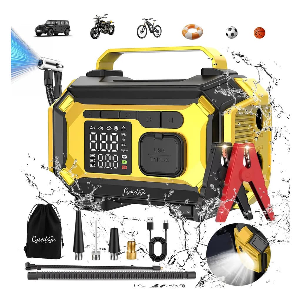 Arrancador Portátil para Carro e Caminhonete Cysedoya ATJ202 com Compressor de Ar e Power Bank