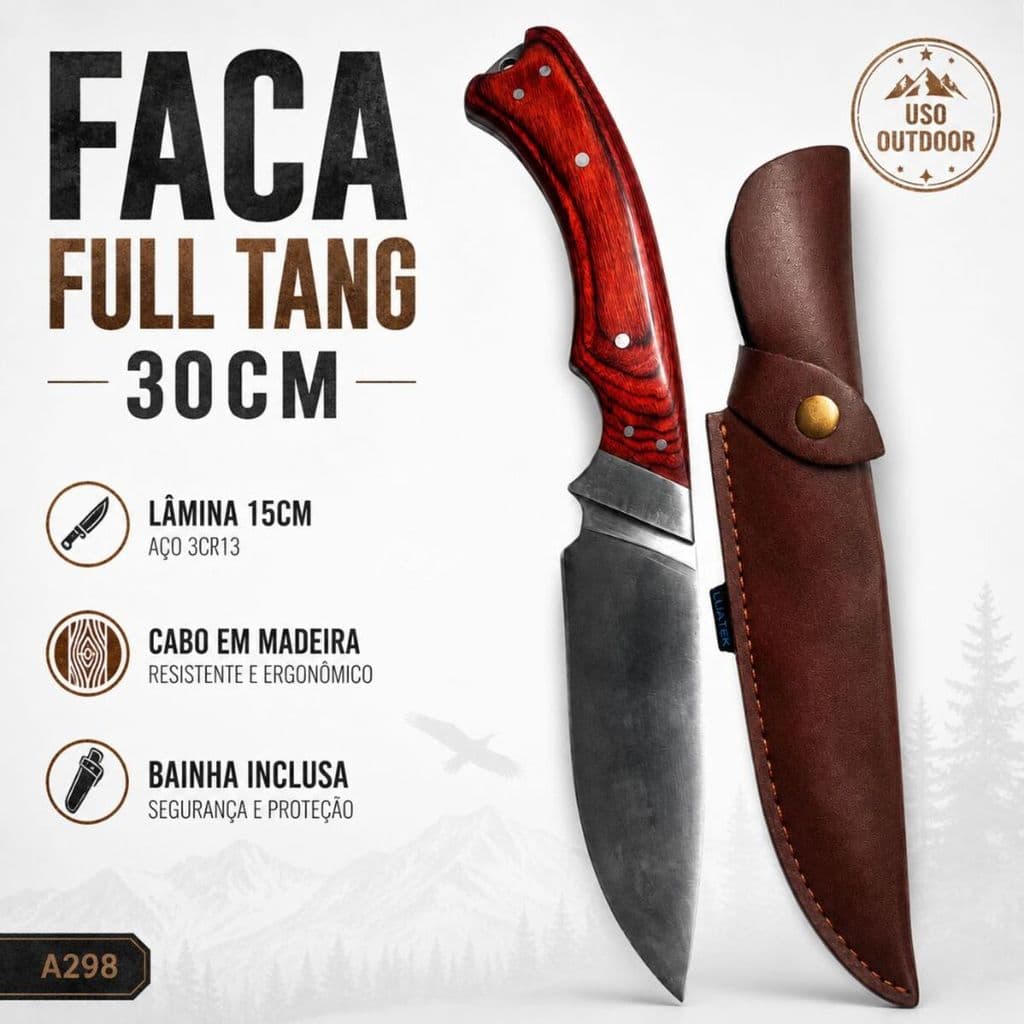 Faca Outdoor Full Tang 30cm Aço Inox 3Cr13 Cabo Madeira + Bainha A298