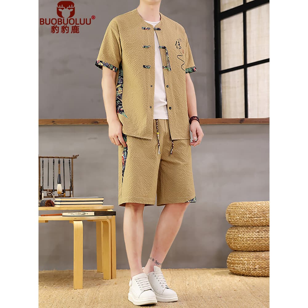 Estilo chinês estilo chinês Tang terno masculino antigo terno Casual verão fino de manga curta Hanfu Shorts camisa terno