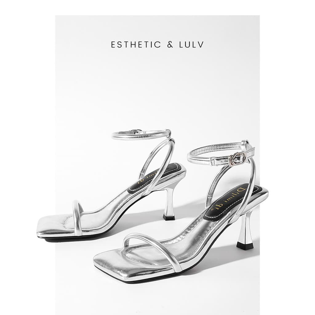 Prata francês sola macia sapatos de salto alto feminino Stiletto dedo do pé quadrado aberto fada sandálias de uma alça f
