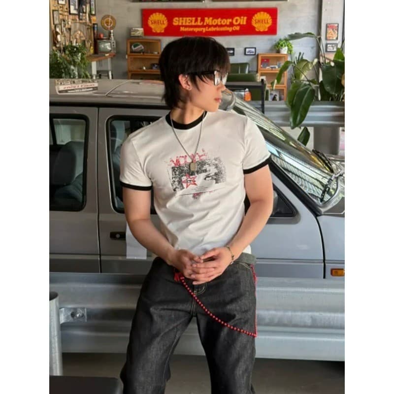 Da rua americano Retro costura linha impressa magro-ajuste camiseta pesado em torno do pescoço de manga curta topo mascu