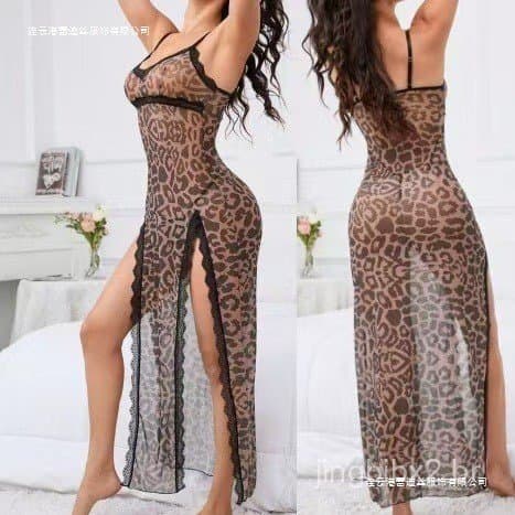 Pijama longo floral com estampa de leopardo, malha transparente com fenda, roupa de dormir sedutora 7.21