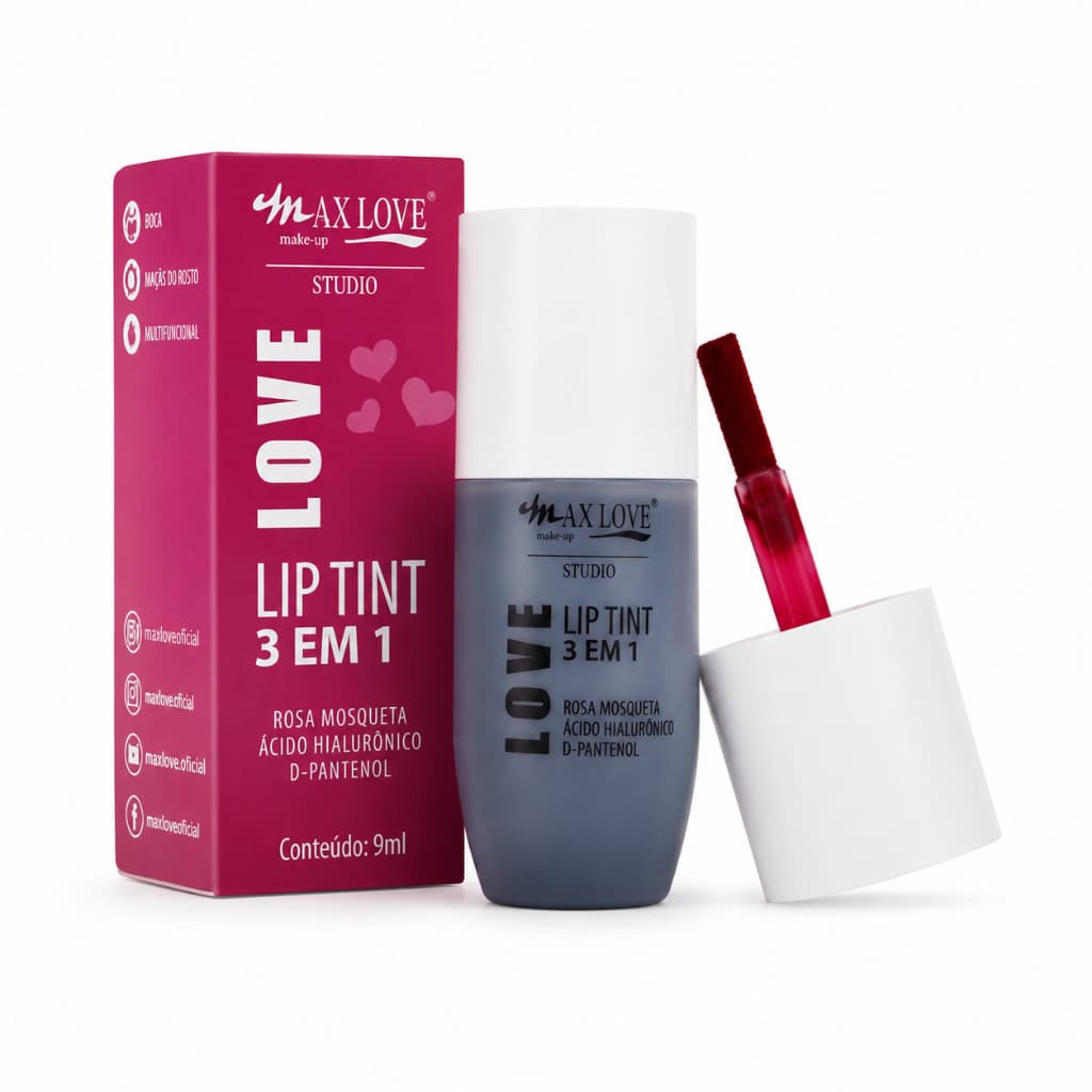 Lip Tint Love 3 em 1 Max Love 9ml Rosa Mosqueta Ácido Hialurônico e D-Pantenol