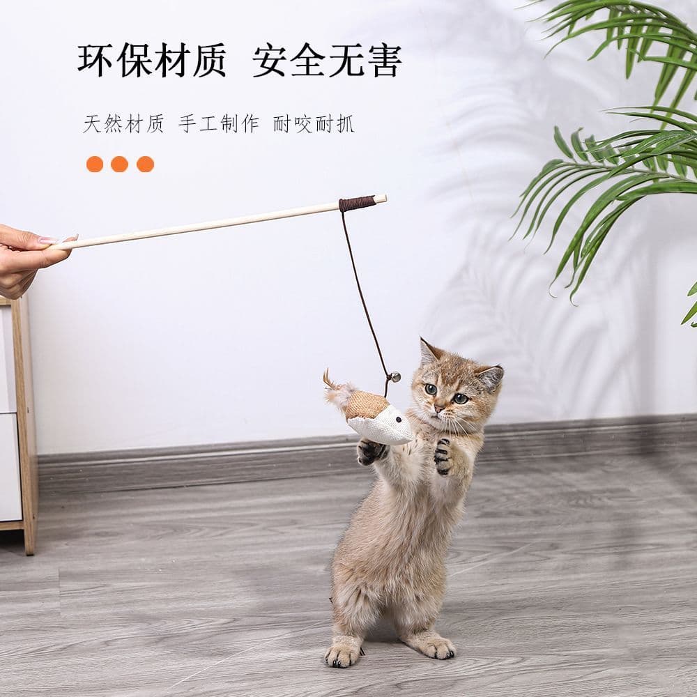 Brinquedo De Varinha De Gato De Penas Com Sino , Bastão Interativo De Alça Longa Para Gatos Internos
