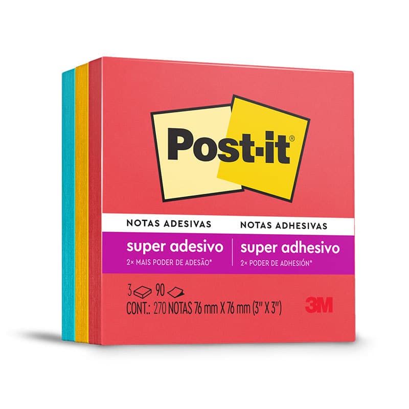 Bloco de notas adesivas Post-it coleção Diversão 3 blocos de 76x76mm 270 folhas 3M