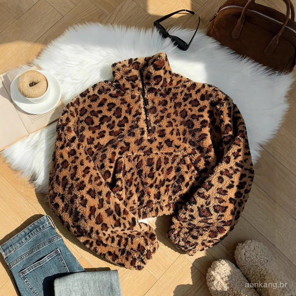 Moletom feminino Comfortcana com zíper e gola alta, manga comprida, pelúcia com estampa de leopardo, Top de manga compri