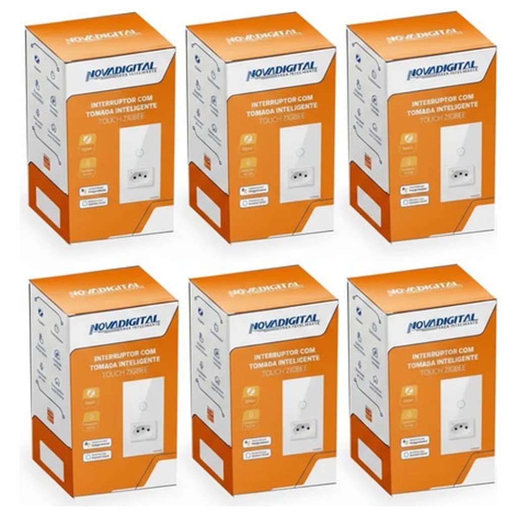 Kit 6 Interruptores Touch LED 1 Botão Zigbee Tomada 127/220V Branco Novadigital Inteligente Cabeado Automação