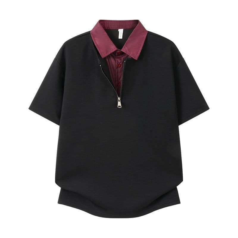 Falso camisa de duas peças gola camisa de manga curta das mulheres dos homens versão coreana listrado costura com decote