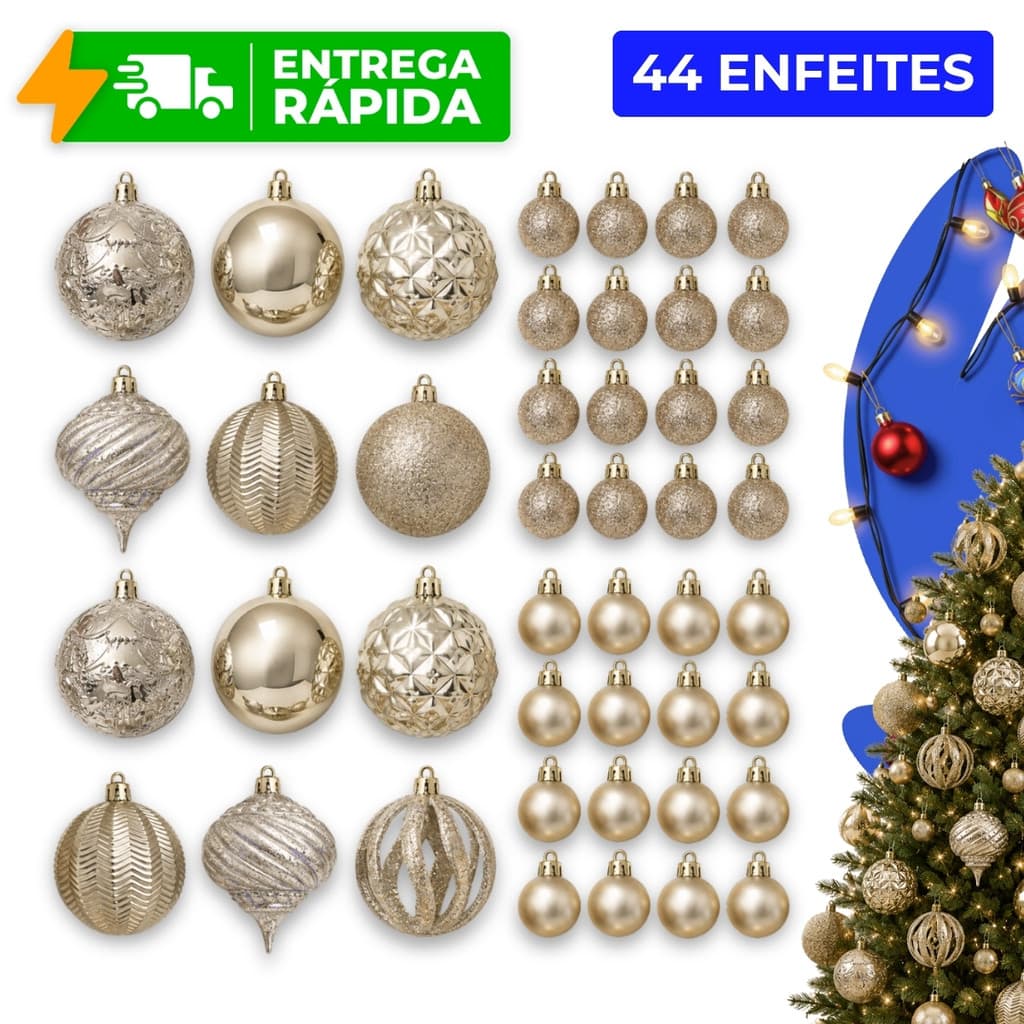 Kit 44 Bolas de Natal Premium Dourado Champagne 6/3cm Enfeites Árvore Fosca Brilhante Glitter Sortidas