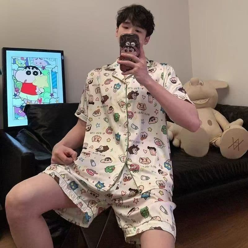 Crayon Shin-Chan Pijama legal masculino de seda gelada 2026 Shorts de manga curta Conjunto de Loungewear de desenho anim