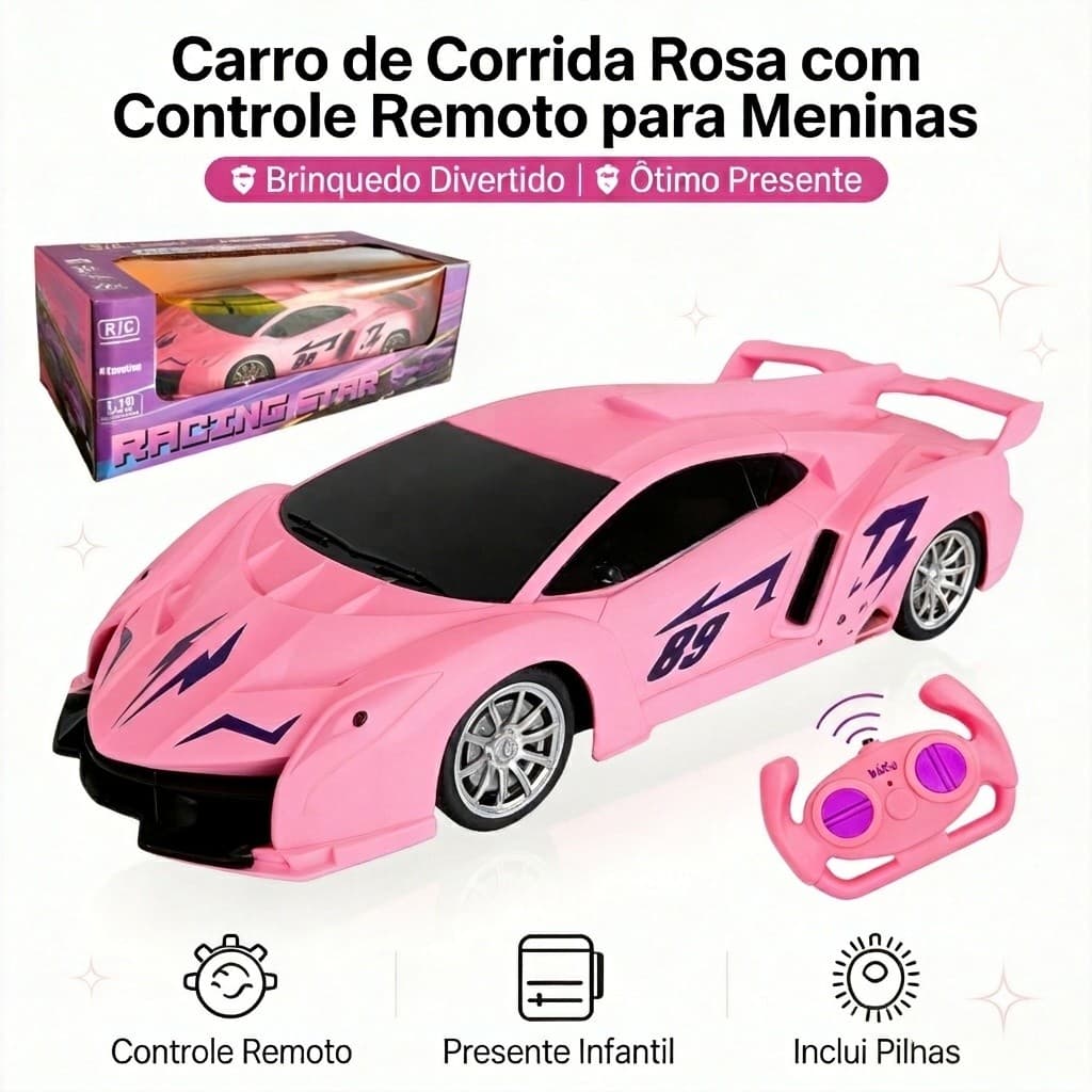 Carrinho de controle remoto rosa, brinquedo de corrida com controle remoto para meninas, vem com pilhas