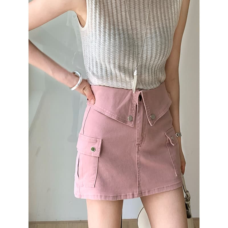 Sujo rosa Workwear estilo Denim saia curta feminina flangeando cintura mais magro olhar Anti-reflexo pequeno estilo ocid