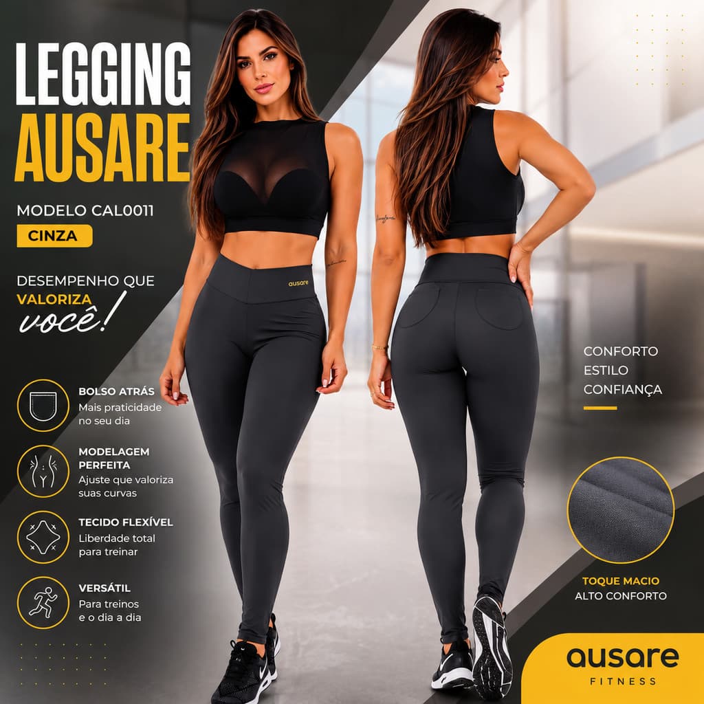 Legging Feminina Ausare Cinza CAL0011 Bolso Traseiro Fitness Academia Treino Caminhada Casual Conforto Esportivo Corrida