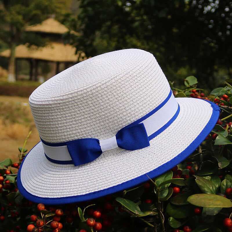 Chapéu de palha branco de topo plano feminino primavera verão fresco arco chapéu de sol estilo Pastoral protetor solar c