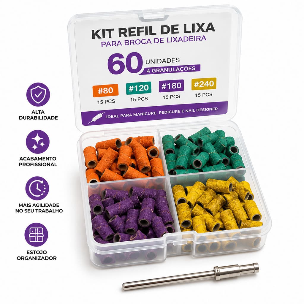 Kit Refil Lixa Unha Lixadeira Elétrica Manicure 60un Acabamento Unhas Gel Fibra Lixa Broca Profissional