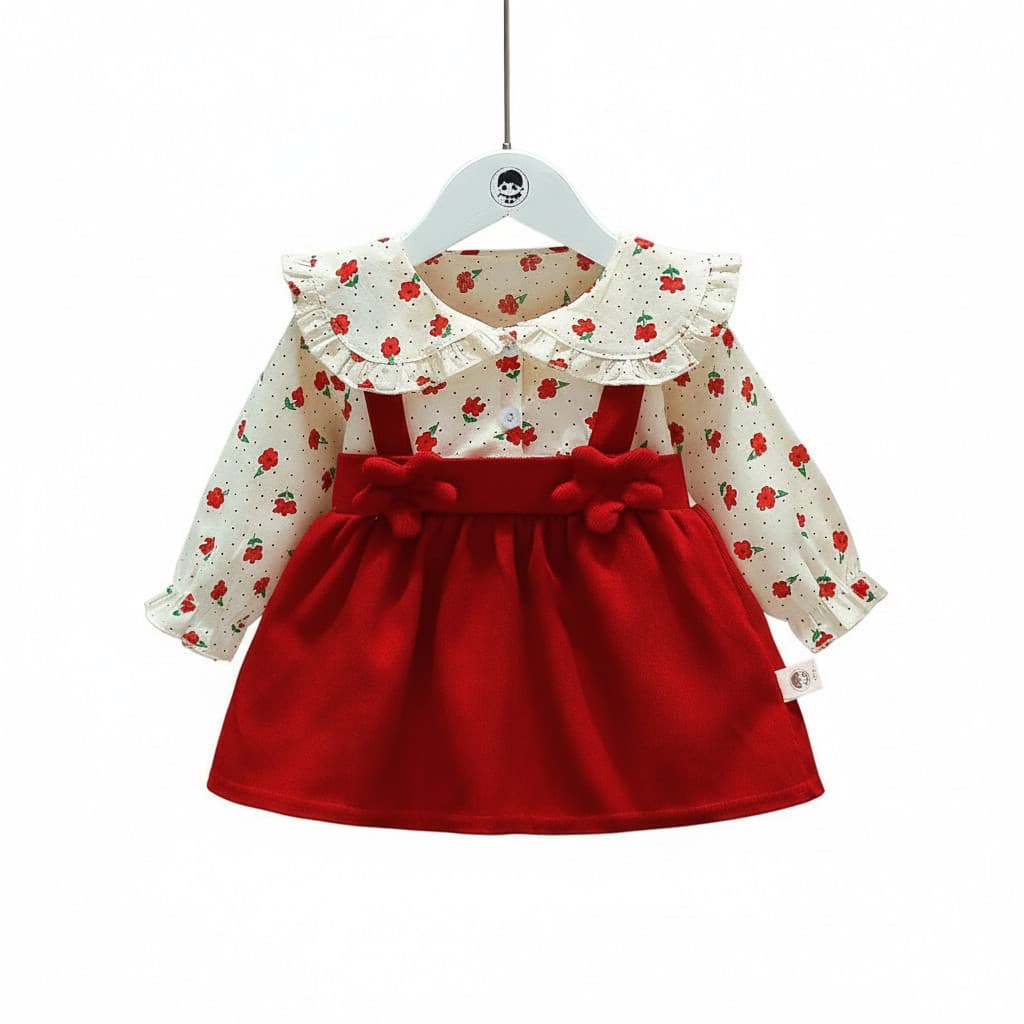 Vestido Floral Vermelho Para Bebê – Roupa Falsa De Manga Comprida De Duas Peças , Roupas Infantis De Primavera E Outono