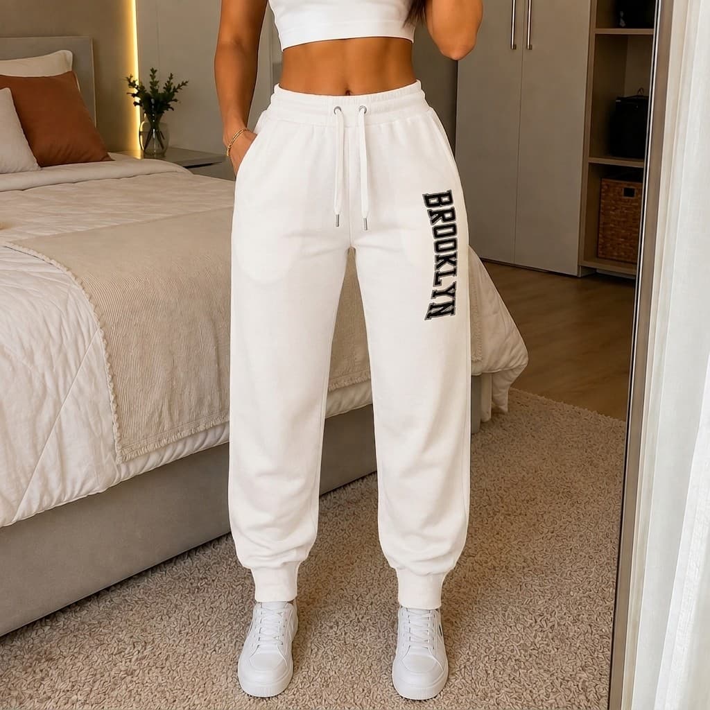 Calça Feminina Moletom Jogger Brooklyn Branca Cintura Alta Streetwear Academia Casual