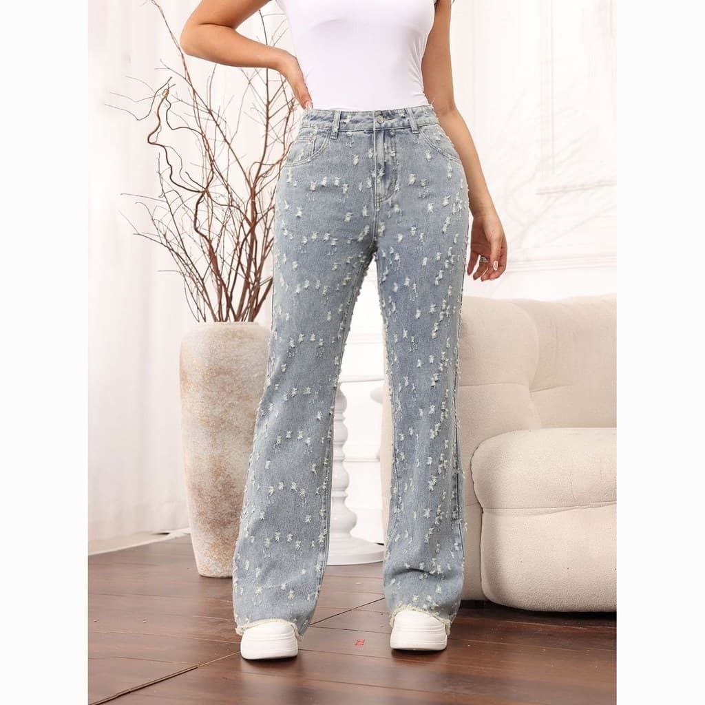 Moda americana Jeans de perna larga Design cintura alta rasgado Retro solto calças retas