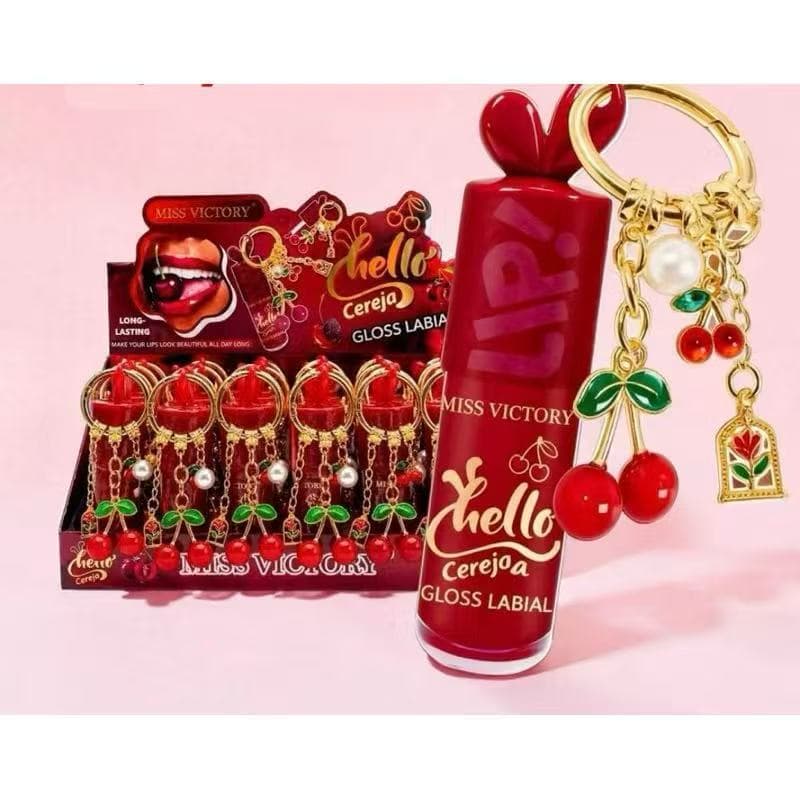 Gloss labial de luxo em formato de cereja com chaveiro.