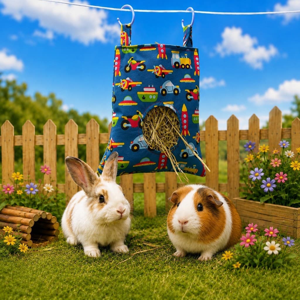 Porta Feno para Porquinho da Índia em Tecido com Ganchos 25x20cm Comedouro Suspenso para Pequenos Pets