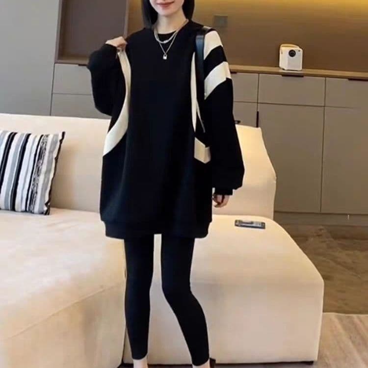 Moletom com gola redonda, venda quente, costura, cor contrastante, preguiçoso, solto, outono inverno, Plus Size, novo es