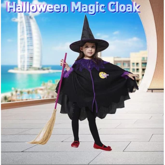 [Envio rápido] Fantasia infantil de Halloween, capa de bruxa + chapéu + bolsa de abóbora, fantasia de dramatização infan