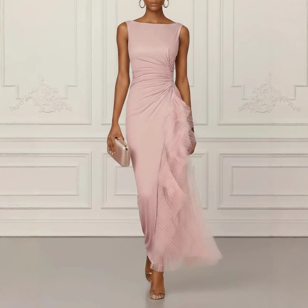 Estoque pronto Transporte rápido feminino novo estilo rosa moda elegante vestido sem mangas saia Design sentir plissado