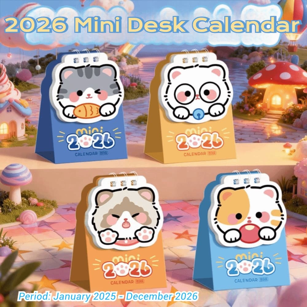 Calendário De Mesa 2026 , Mini Bobina De Gato De Desenho Animado , Planejador Diário De Marca De Programação Portátil
