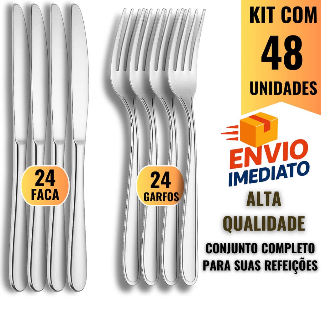 Conjunto 48 Talheres Aço Inox – 24 Garfos e 24 Facas Resistentes para Cozinha e Restaurantes