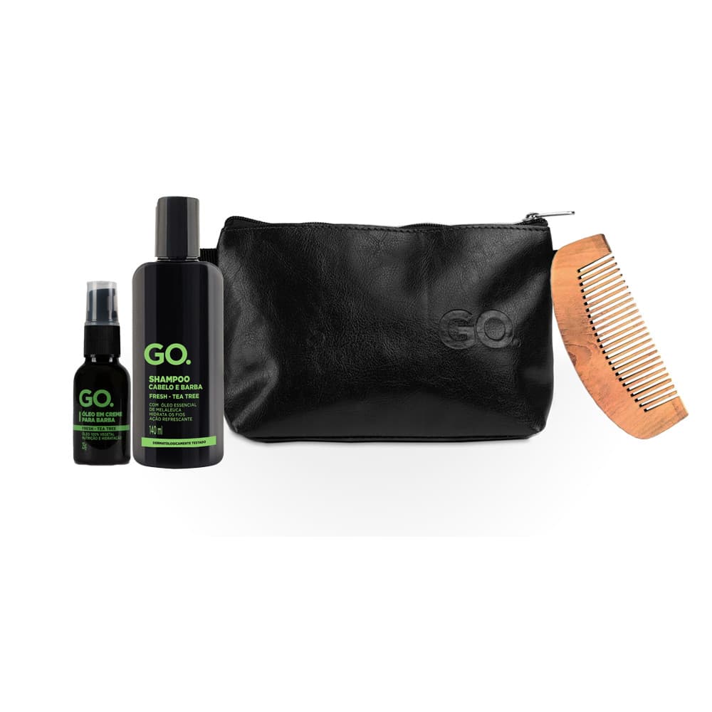 Kit Go Barba Shampoo Óleo Pente Madeira Necessaire Tea Tree