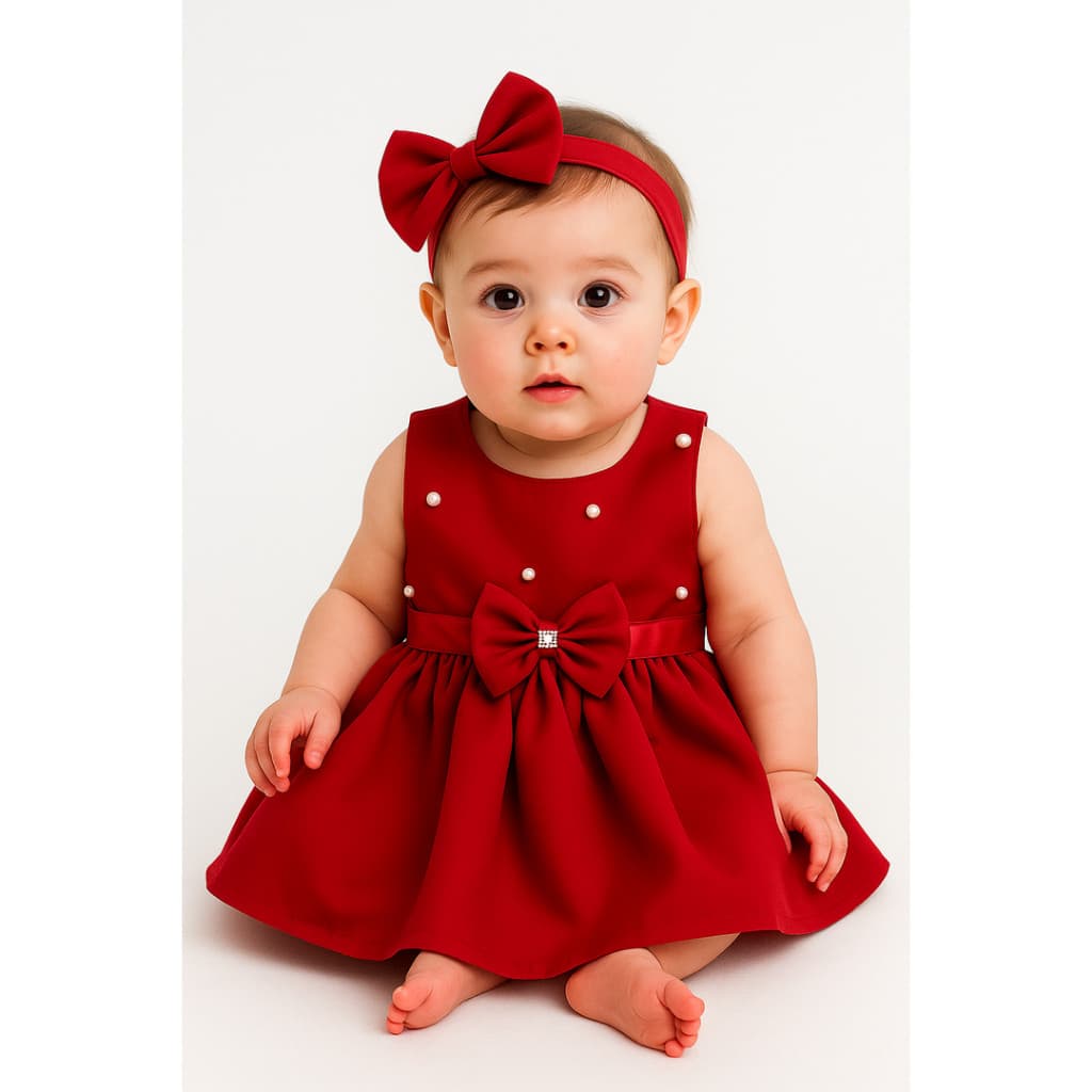 Vestido Bebe Menina Infantil Vermelho Princesa Luxo Bordado Perola Com Tiara Natal Festas 100% Algodão P a 3 Anos