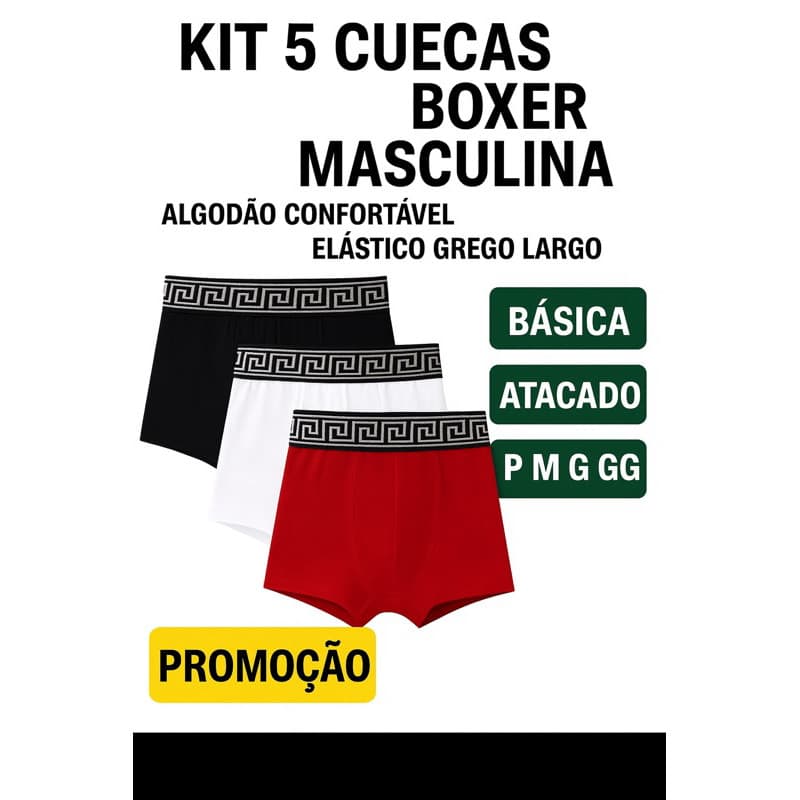 Kit 5 Cuecas Boxer Masculina Algodão Confortável Elástico Preto Largo Básica P M G GG Atacado Promoção
