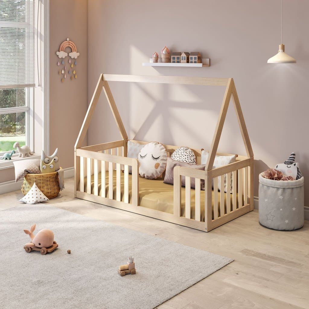 Mini Cama Montessoriana com Grade e Telhado Giulia Casatema MadeiraOriginals Marrom/Bege Natural/Bege