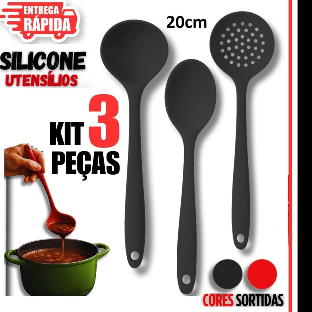 Jogo 3 Unidades 20cm Concha Multiuso Silicone Colher de Arroz Escumadeira Para Fritura Premium