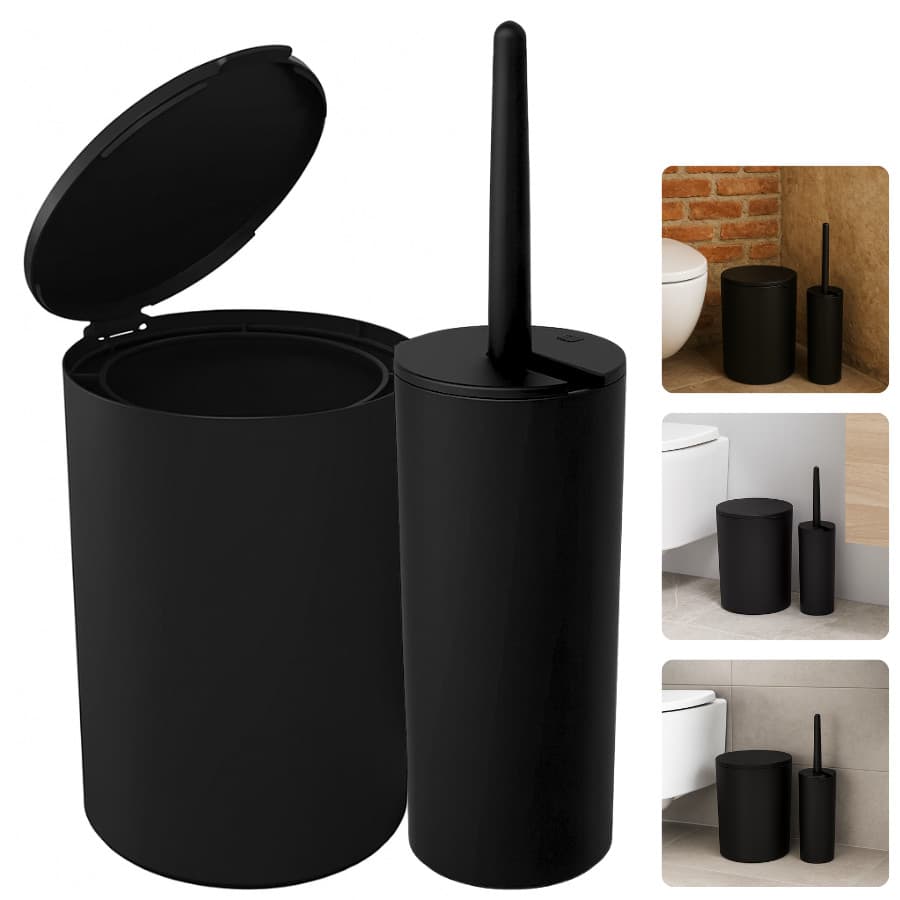 Kit Banheiro Lavabo Lixeira 5 Litros Escova Sanitária Preto Fosco Acessório Moderno 2 Peças