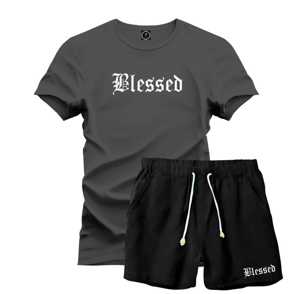 Kit Camiseta Blessed Algodão Premium Varias Cores + Short Linho Preto
