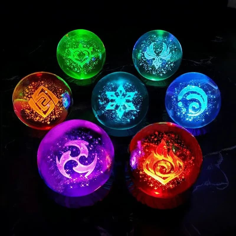 Luz Noturna de Cristal com 7 Elementos de Genshin Impact, Escultura Interna 3D, Brinquedo de Jogo, Presente, Lâmpada