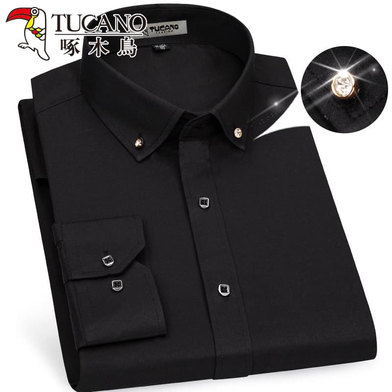 Woodpecker camisa masculina de manga comprida branca negócios Casual cor sólida profissional ferramentas botão diamante