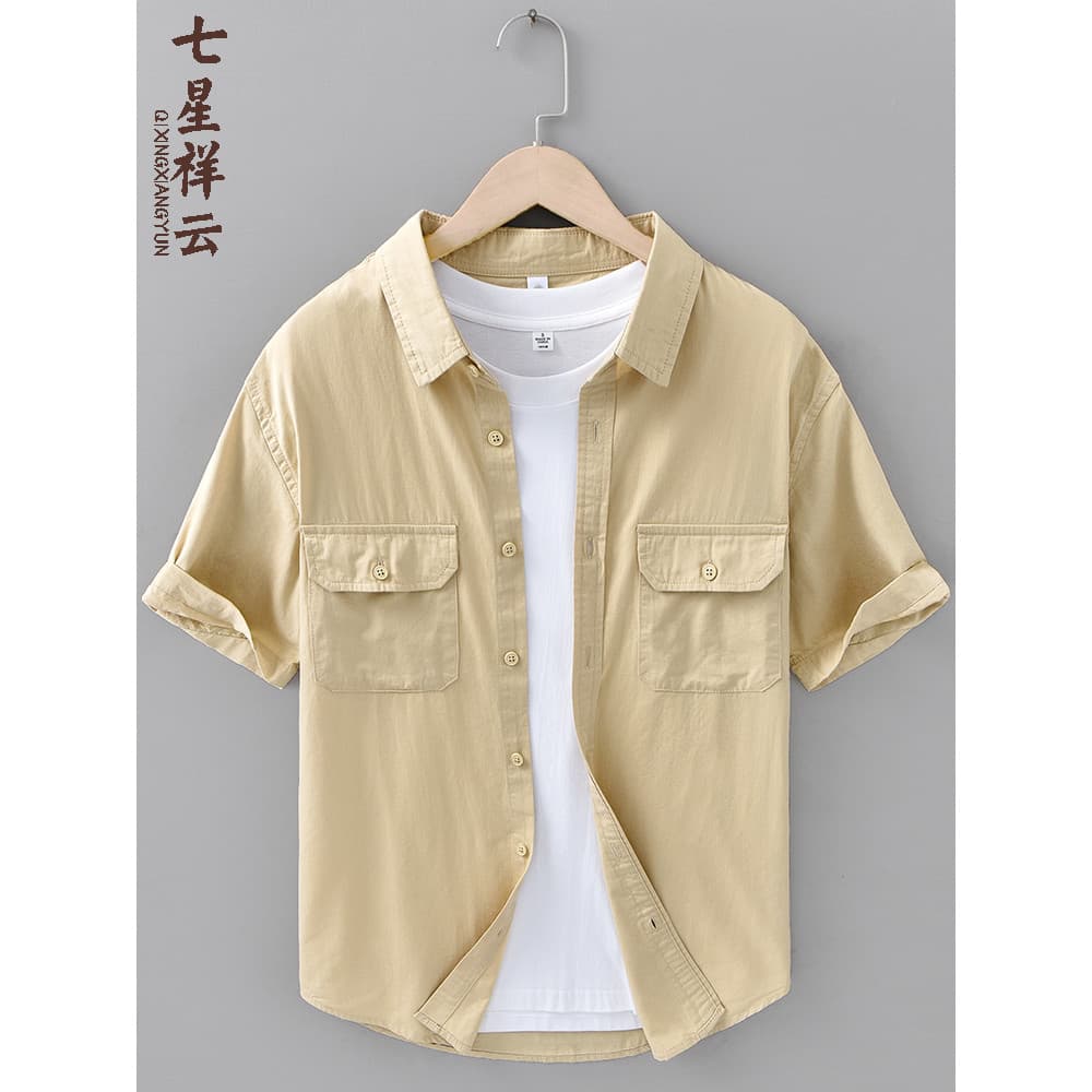 Verão estilo fino estilo japonês ferramentas Multi-bolso camisa masculina de manga curta juventude All-Match solto Casua