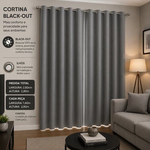 Cortina Blackout Bloqueio Luz Isolamento Termico Ilhos 280x280 Cinza Moderna