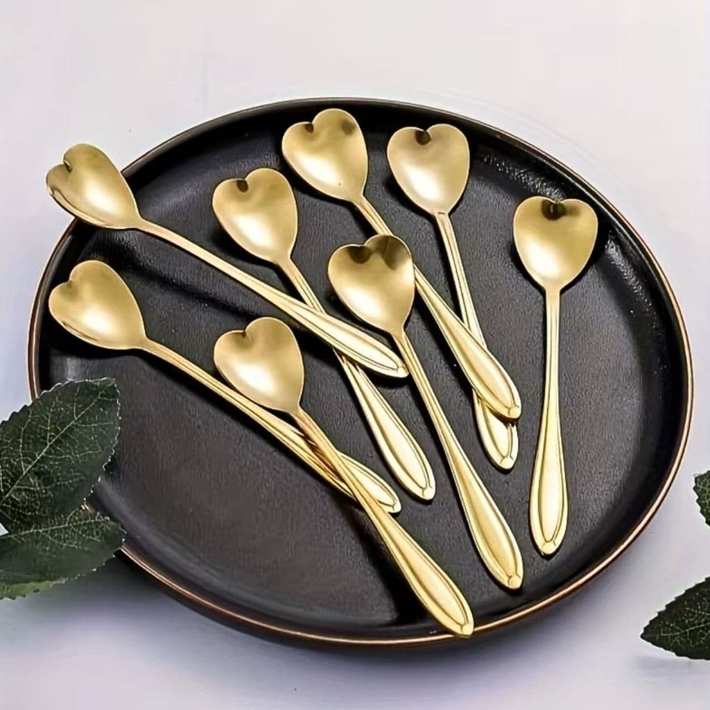 Kit 5 Colheres Coração Fofa para Cozinha Mesa Posta Douradas Café Sobremesa Chá Aço Inoxidável