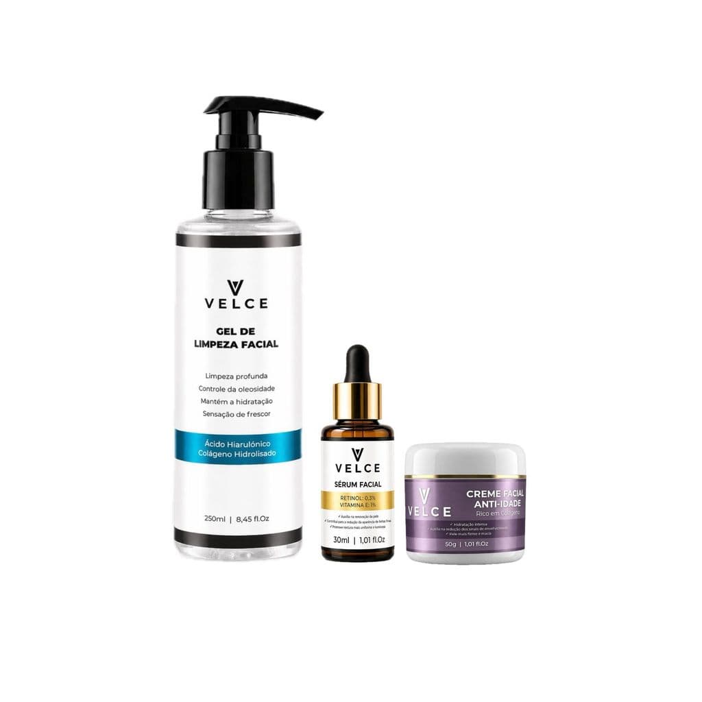 Kit Rejuvenecedor Velce Gel de Limpeza Facial + Sérum Retinol 0,3% e Vitamina E 1% + Creme Anti-Idade com colágeno
