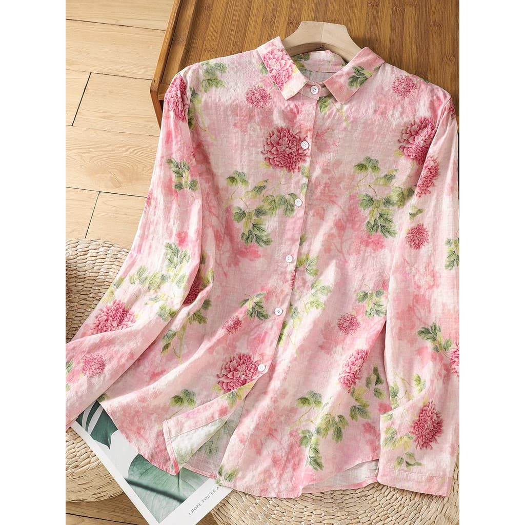 Zimo Qinghe ~ Camisa Ramie estampada literária feminina manga comprida tamanho grande Casual cardigã fino camisa de algo