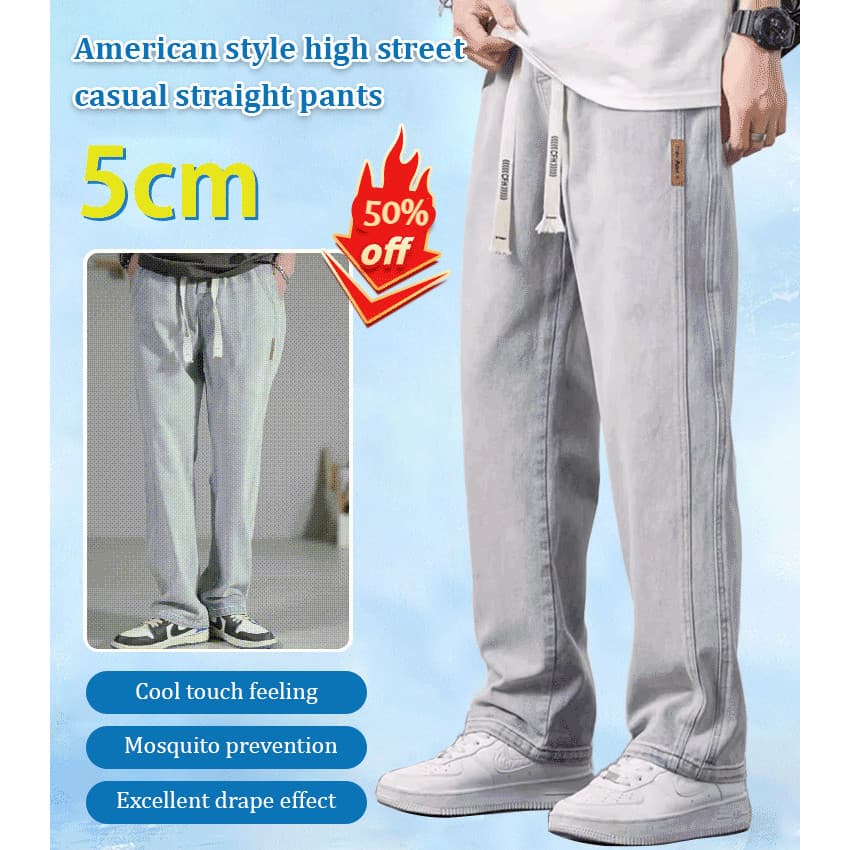 Calças jeans masculinas americanas de rua, modernas e estilosas, com um toque vintage, perfeitas para o verão.